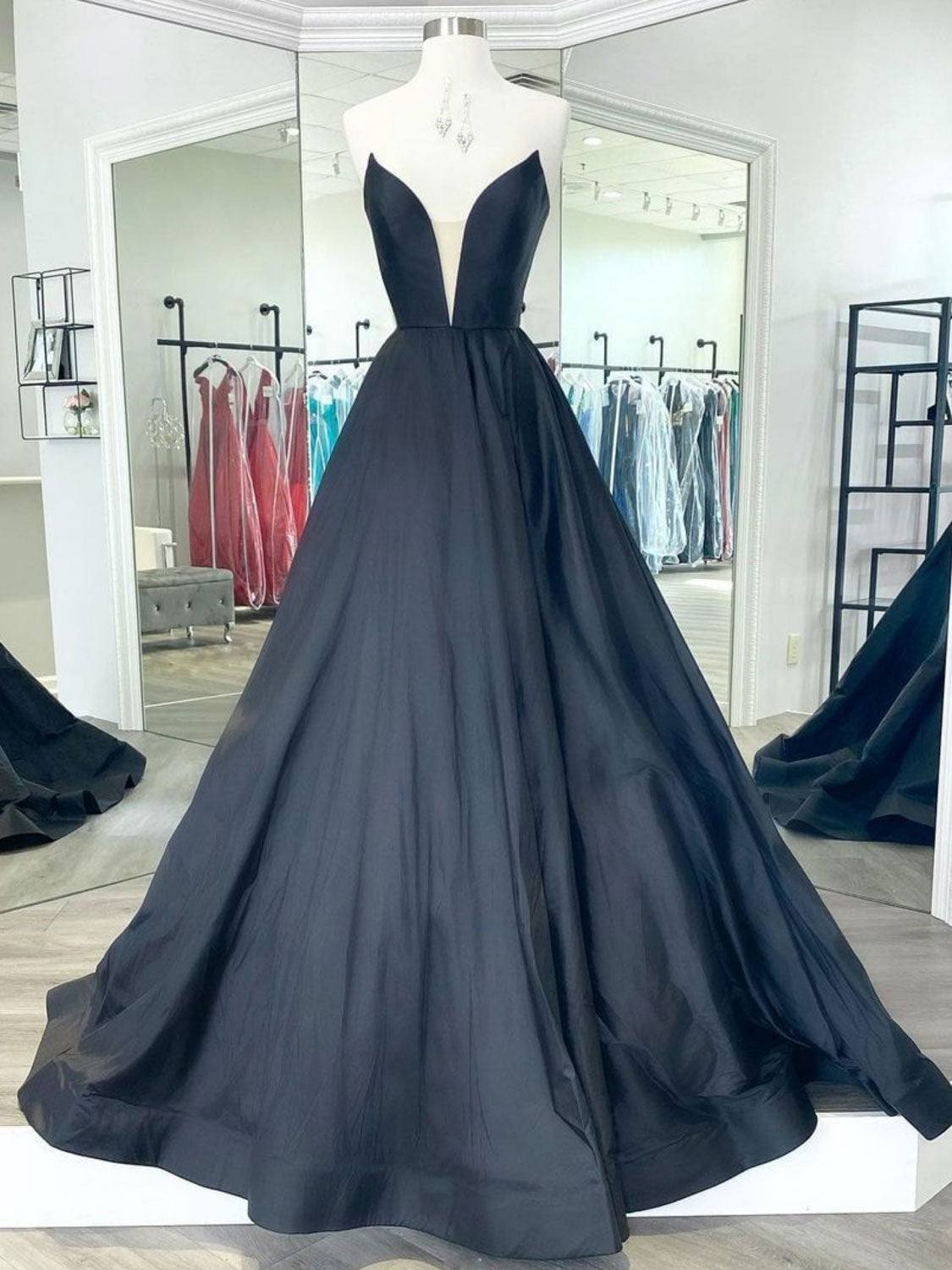 Black v neck satin long prom dress, black evening dress - RongMoon