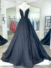Black v neck satin long prom dress, black evening dress - RongMoon