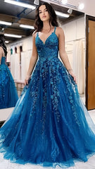 Blue Spaghetti Straps A-Line Tulle Appliques Prom Dress