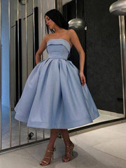 Simple blue satin short prom dress, blue evening dress - RongMoon