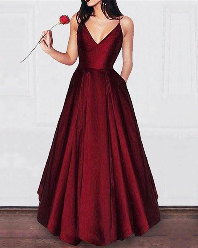 Spaghetti Straps V-neck Floor Length Long Prom Dress Satin Evening Gowns
