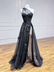 A-Line Black Tulle Lace Long Prom Dress, Black Formal Graduation Dress - RongMoon