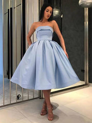 Simple blue satin short prom dress, blue evening dress - RongMoon