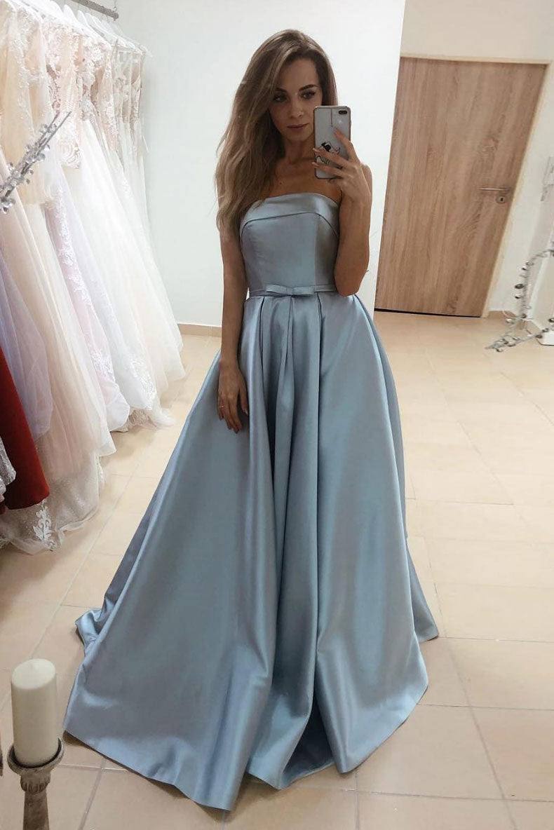 Simple blue satin long prom dress blue satin long evening dress - RongMoon