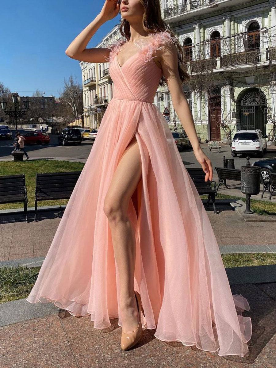 Pink A line tulle long prom dress, pink tulle formal dress - RongMoon