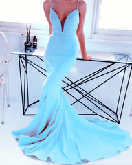 Sexy Plunge Neck Long Satin Open Back Mermaid Prom Dresses