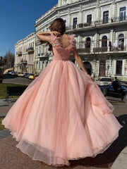 Pink A line tulle long prom dress, pink tulle formal dress - RongMoon