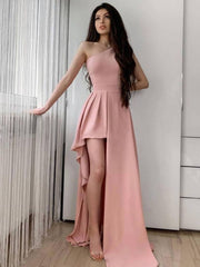 Simple pink one shoulder long prom dress pink evening dress - RongMoon