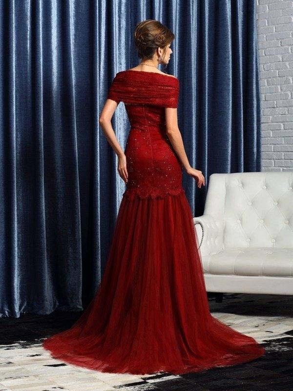 Trumpet/Mermaid Off-the-Shoulder Beading Short Sleeves Long Satin Mother of the Bride Dresses - RongMoon