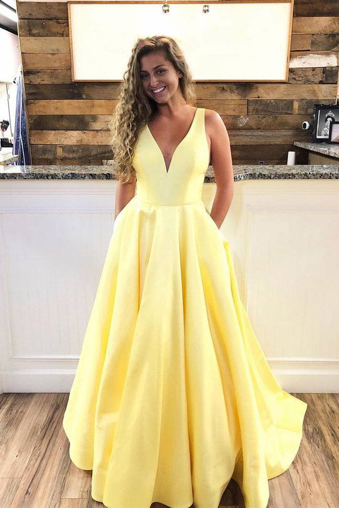 Simple v neck yellow satin long prom dress yellow evening dress - RongMoon
