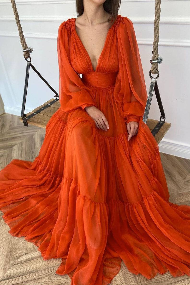 Orange v neck chiffon long prom dress orange evening dress - RongMoon