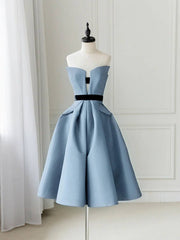 Blue satin short prom dress, blue homecoming dress - RongMoon