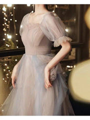 A-Line Color Block Elegant Wedding Guest Prom Dress Scoop Neck Half Sleeve Floor Length Tulle with Pleats Ruffles - RongMoon