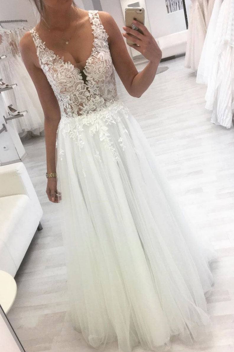 White v neck tulle lace long prom dress tulle lace formal dress - RongMoon