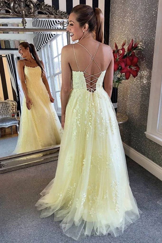 Yellow tulle lace long prom dress yellow formal dress - RongMoon