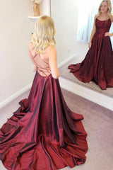 Simple burgundy satin long prom dress burgundy formal dress - RongMoon