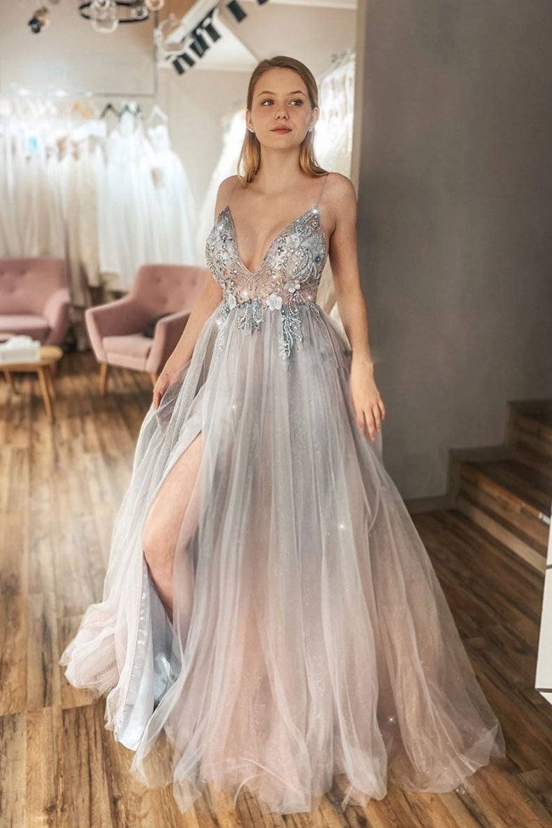 Unique v neck tulle lace beads long prom dress tulle formal dress - RongMoon