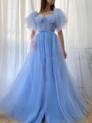 Blue A-line tulle long prom dress, blue tulle formal dress - RongMoon