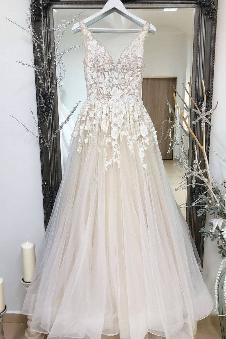 Champagne tulle v neck lace long prom dress champagne formal dress - RongMoon