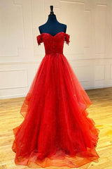 Red sweetheart off shoulder tulle long prom dress tulle formal dress - RongMoon