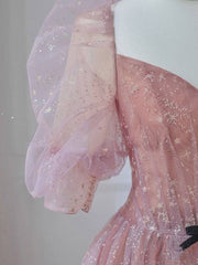Pink A-line tulle lace long prom dress, pink lace formal dress - RongMoon