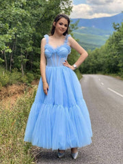 Blue sweetheart neck tulle tea length prom dress, blue homecoming dress - RongMoon