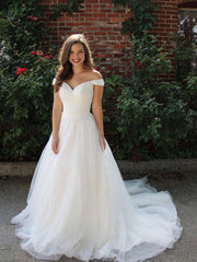 Simple white off shoulder long prom dress, white tulle formal dress - RongMoon