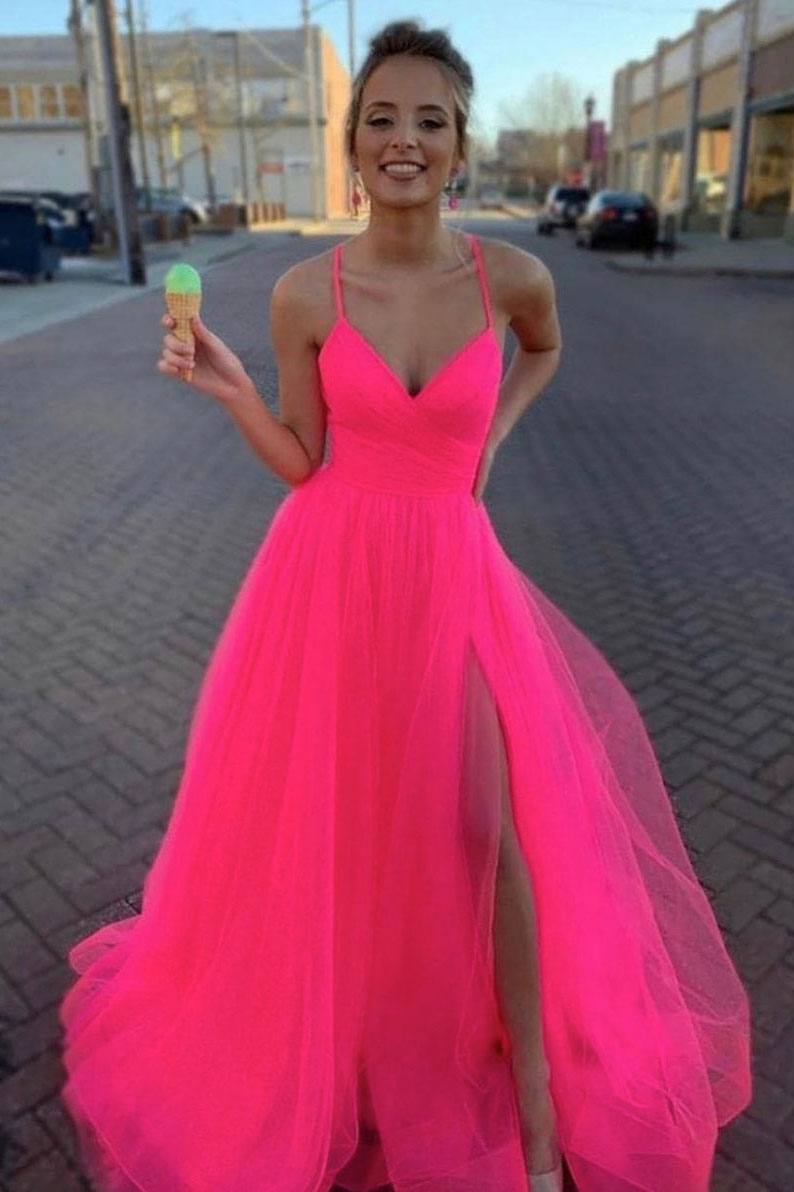 Simple pink v neck tulle long prom dress pink tulle evening dress - RongMoon