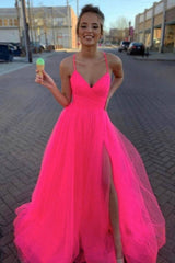 Simple pink v neck tulle long prom dress pink tulle evening dress - RongMoon