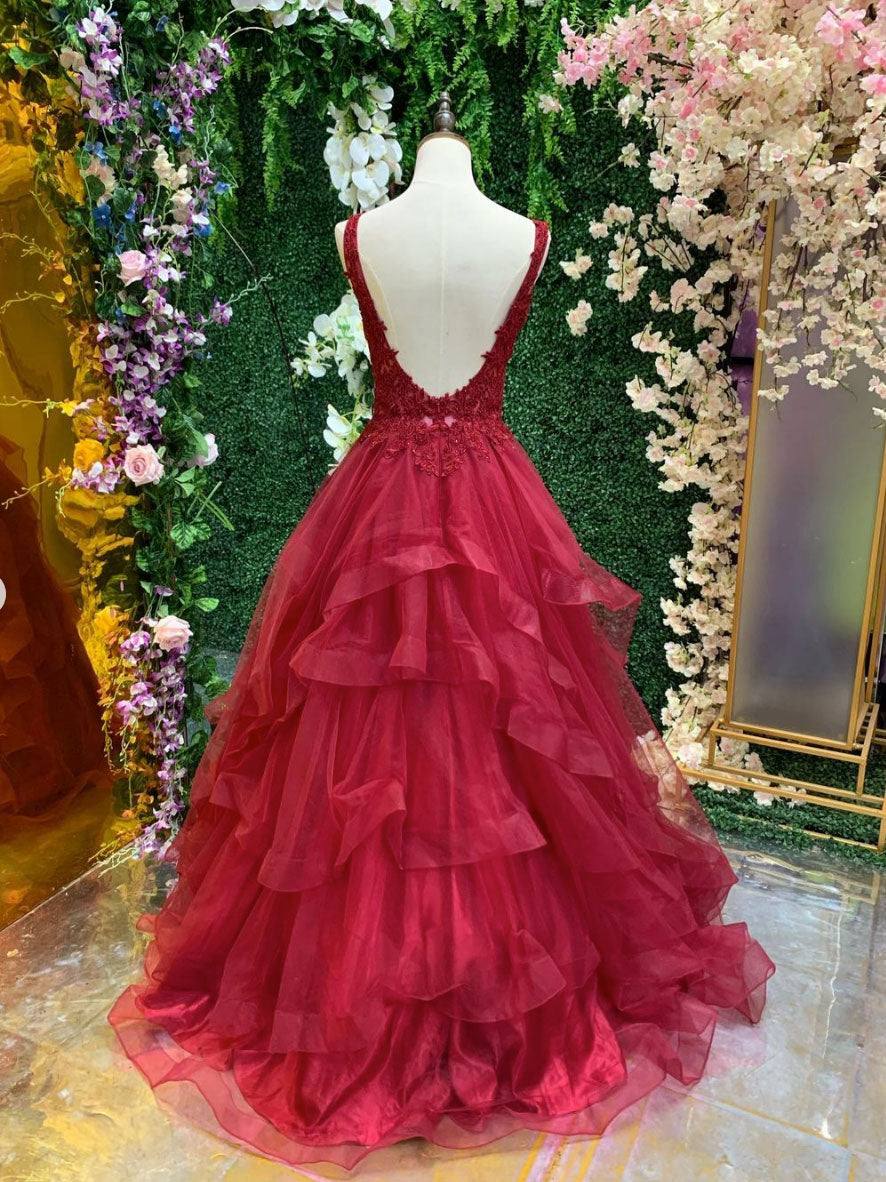 Burgundy v neck tulle lace long prom dress, burgundy evening dress - RongMoon