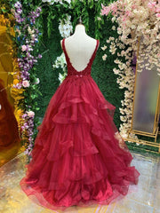 Burgundy v neck tulle lace long prom dress, burgundy evening dress - RongMoon