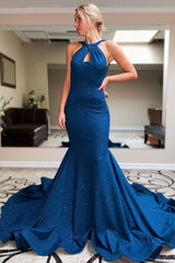 Blue mermaid long evening dress blue prom dress - RongMoon