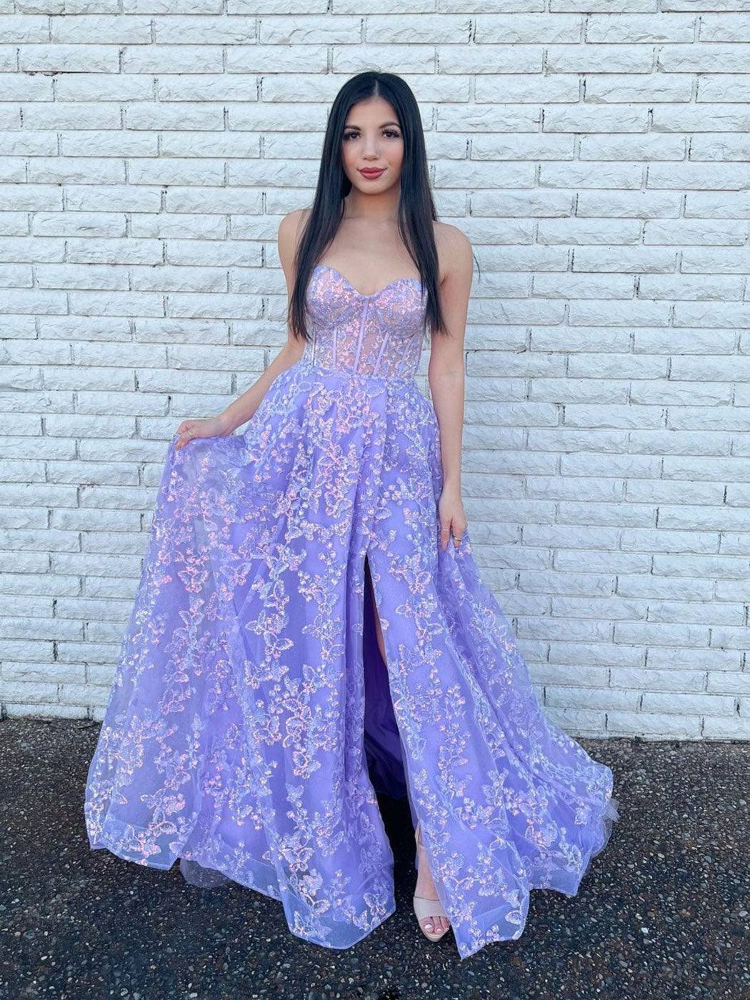 Purple tulle lace long prom dress, purple tulle formal dress - RongMoon