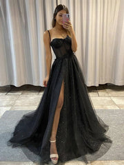 Black sweetheart neck tulle long prom dress, black tulle evening dress - RongMoon