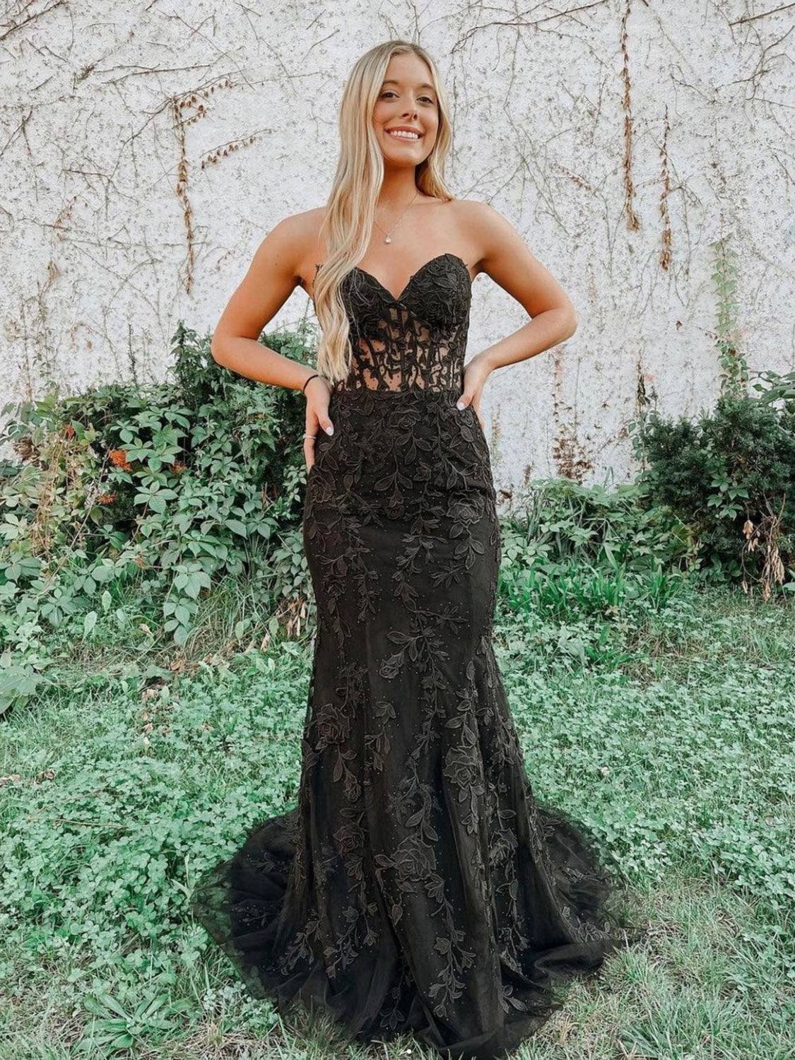 Black tulle lace mermaid long prom dress, black tulle lace evening dress - RongMoon