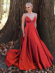 Simple v neck satin long prom dress green tulle formal dress - RongMoon