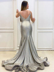 Simple gray v neck mermaid long prom dress, mermaid evening dress - RongMoon