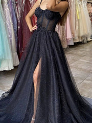 Black sweetheart neck tulle long prom dress, black tulle evening dress - RongMoon