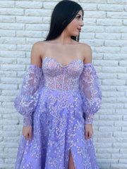 Purple tulle lace long prom dress, purple tulle formal dress - RongMoon