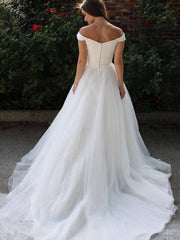 Simple white off shoulder long prom dress, white tulle formal dress - RongMoon