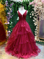 Burgundy v neck tulle lace long prom dress, burgundy evening dress - RongMoon
