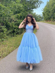 Blue sweetheart neck tulle tea length prom dress, blue homecoming dress - RongMoon