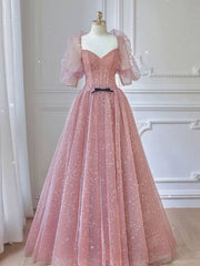 Pink A-line tulle lace long prom dress, pink lace formal dress - RongMoon