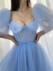 Blue A-line tulle long prom dress, blue tulle formal dress - RongMoon