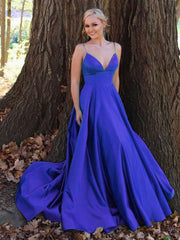 Simple v neck satin long prom dress green tulle formal dress - RongMoon