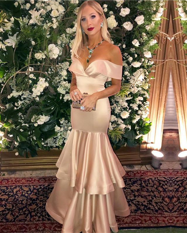 Sexy Off The Shoulder Ruffle Hem Mermaid Prom Dresses Long Satin Gowns