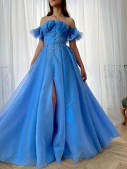 A-Line Elegant Sexy Engagement Prom Dress Off Shoulder Sleeveless Floor Length Organza with Pleats Split - RongMoon