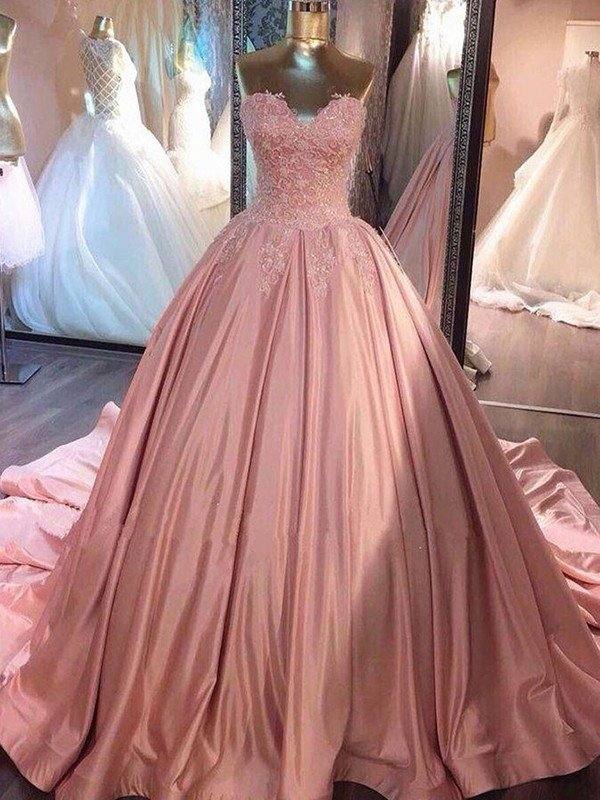 Ball Gown Sleeveless Sweetheart Court Train Lace Satin Dresses - RongMoon
