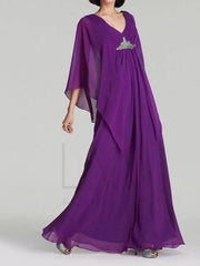 A-Line Mother of the Bride Dress Elegant V Neck Floor Length Chiffon 3/4 Length Sleeve with Beading Sequin - RongMoon