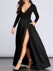 Ball Gown Elegant Prom Formal Evening Dress V Neck Long Sleeve Floor Length Spandex with Pleats Split - RongMoon